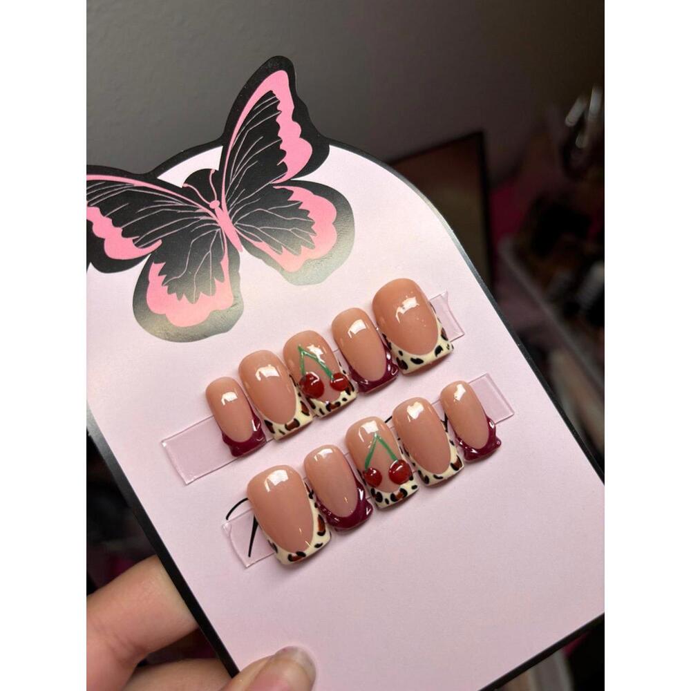 Short square press on nails 3D gel cherry leopard print French tips burgundy